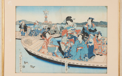 UTAGAWA KUNISADA "TOYOKUNI III". “A pleasure boat excursion”, woodblock prints (2 pieces) part of a triptych, 19th century.