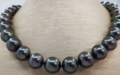 United Pearl - 12x14mm Large Round Black Tahitian Pearls - 14 kt. Yellow gold - Necklace