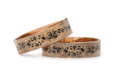 VICTORIAN, PAIR OF GOLD-FILLED AND TAILLE D'EPARGNÉ ENAMEL BANGLE BRACELETS
