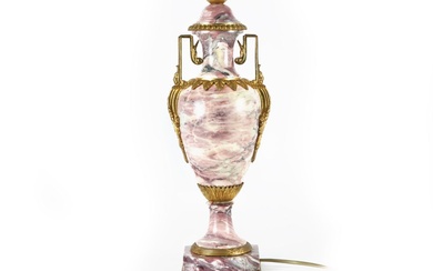 Vase cassette ancien en marbre et porcelaine bronze, transformé en lampe - hauteur : 39...