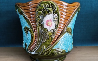 Vase - pot cover with slip flower decoration - Ceramic