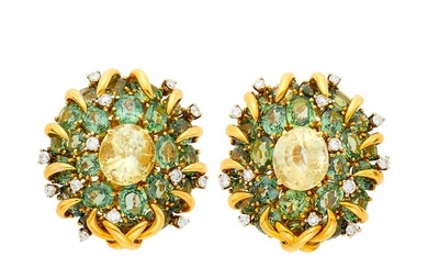 Verdura Pair of Gold, Yellow and Green Sapphire and Diamond Earclips