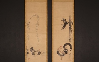 Very fine sumi-e diptych "Rooster and chickens", signed - including tomobako and kantei-sho - Kano Naonobu (1607-1650) - Japan - Early Edo period