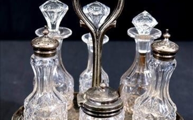 Victorian silver-plate cruet set with 6 bottles