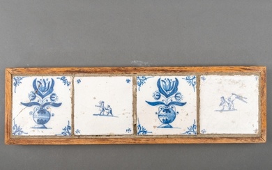 Vier Delfts aardewerk tegels: twee bloemvazen, schutters, en vliegeraars,...