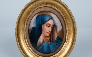 Vintage Framed Hand Painted Porcelain Plaque of the Virgin Mary