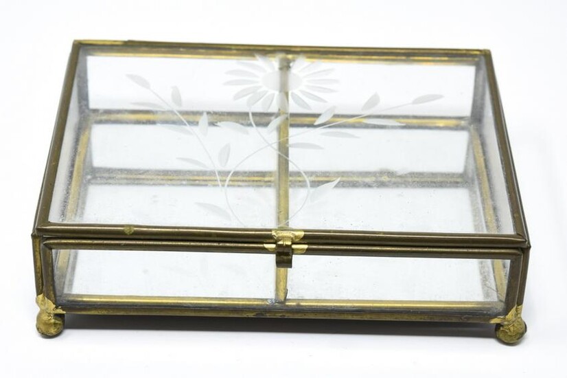 Vintage Gilt Metal & Etched Glass Jewelry Box
