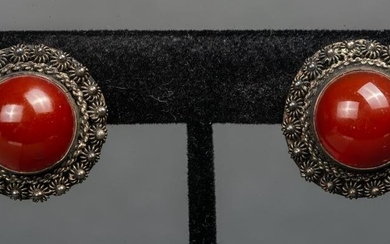 Vintage Silver Ornate Carnelian Clip Earrings