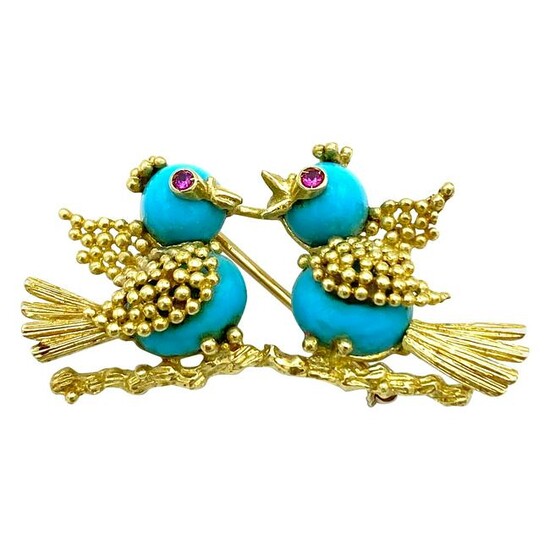 Vintage Yellow Gold Turquoise and Ruby Love Birds