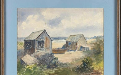 WENDELL ROGERS (Massachusetts, 1890-1973), Beach scene with cabins and a boat., Watercolor on paper