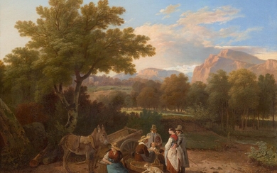 WOLFGANG ADAM TÖPFFER(Genève 1766-1847 Morillon)La halte des paysans. Vers 1835.Huile sur toile.41,5 × 61,5 cm.Avis...