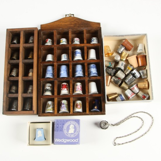 Wedgwood Jasperware and Other Souvenir Thimbles with Hanging Display Cases