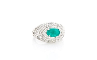 White Gold, Cabochon Emerald and Diamond Ring