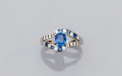 White gold ring, 750 MM, centered on an oval sapphire worn by calibrated sapphires and diamonds, size: 53, weight: 4.35gr. rough.