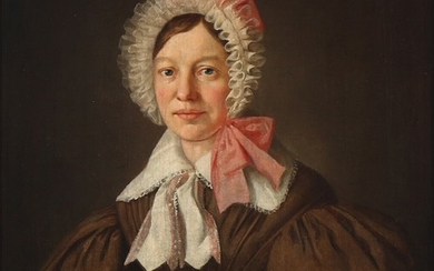 Wilhelm Bendz: Portrait of a woman wearing a brown dress and white bonnet tied with pink ribbons. Unsigned. Oil on canvas. 33×28 cm.