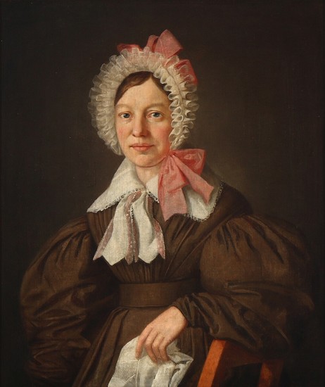Wilhelm Bendz: Portrait of a woman wearing a brown dress and white bonnet tied with pink ribbons. Unsigned. Oil on canvas. 33×28 cm.