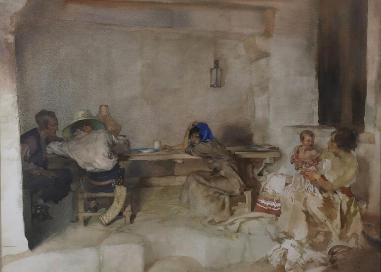 William Russell Flint Watercolor on Paper "Gypsy Family In An Interior, Granada"
