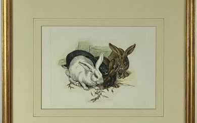 Winifred Austen Colored Etching of Rabbits