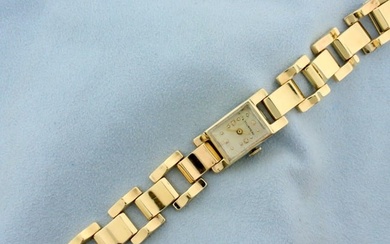 Womens Vintage Tourneau Wrist Watch in Solid 14K Yellow Gold