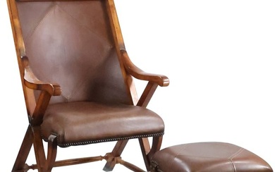 Wood and Brown Leather Lounge Chair with Ottoman