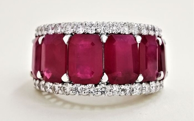 emerald cut red ruby-diamonds top quality - 14 kt. White gold - Ring - 6.10 ct Ruby - GWLAB Certified No Reserve