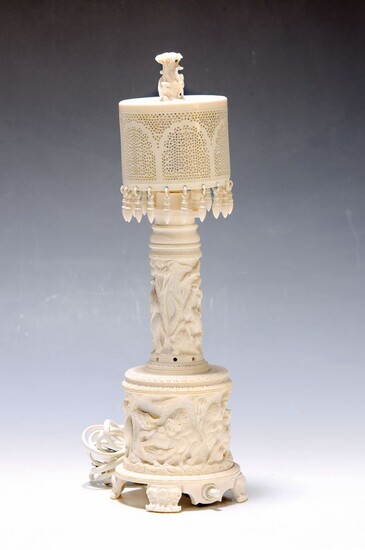 table lamp, India, 1920/1930s, Ivory opulent carved, encircling...