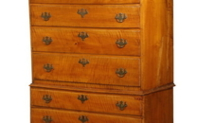 18TH C. TIGER MAPLE CHEST ON CHEST