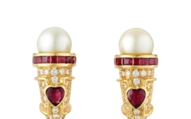 A Pair of Ruby Diamond and Cultured Pearl Earclips