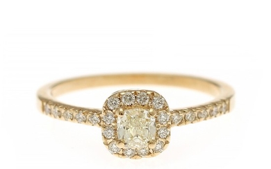 A diamond ring set with a cuhion-cut diamond weighing app. 0.40 ct. encircled by numerous diamonds, mounted in 14k gold. Size 55.