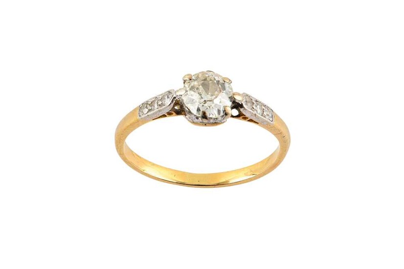 A single-stone diamond ring The old brilliant-cut diamond, between...