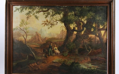 19th C Continental, Couple Under Tree, Oil on Tin