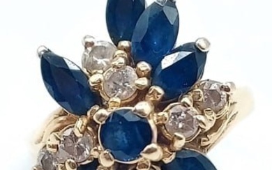 14K Yellow Gold Blue Sapphire & Diamond Ring
