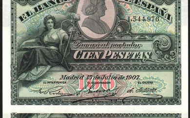 15 de julio de 1907. 100 pesetas. Sin serie. Pareja correlativa. Mejor que EBC+. Lote de 2