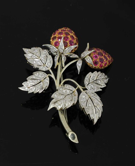 An Austrian gold and platinum, ruby and diamond strawberry spray brooch, c.1950