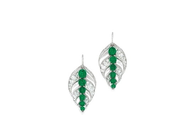Pair of Emerald and Diamond Pendent Earrings