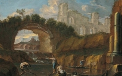 Alessandro Magnasco (Genoa 1667-1749) and Clemente Spera (?) (Milan active 17th-18th century), A river landscape with fishermen among ruins