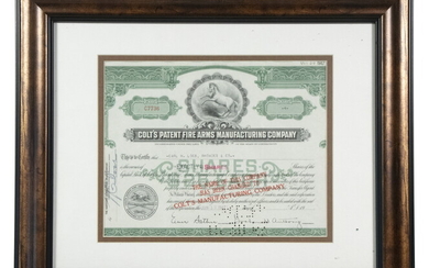 1947 COLT FIREARMS CO. STOCK CERTIFICATE, FRAMED