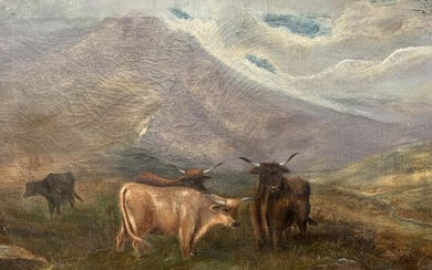 19th C Oil On Canvas Landscape With Long Horn Cows