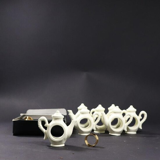 2 Sets of Napkin Rings, Gold Tone Rings. Novelty Teapot