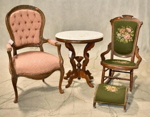 (2) Victorian walnut chairs, Victorian marble top side