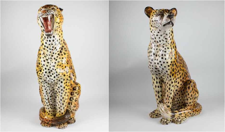 2 glazed terracotta leopards, Italy 50s