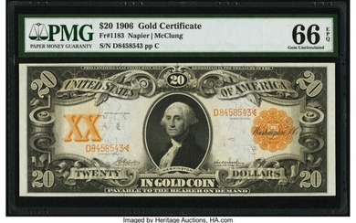 20070: Fr. 1183 $20 1906 Gold Certificate PMG Gem Uncir