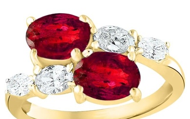 2.18 Carat Oval Cut Ruby Diamond Toi et Moi Engagement Ring in 14K Yellow Gold
