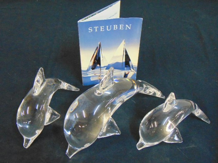3 Steuben art glass Porpoises, one large Porpoise