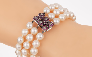 3-row cultured pearl-bracelet with 14 kt gold ruby-diamond-jewelry clasp ,...