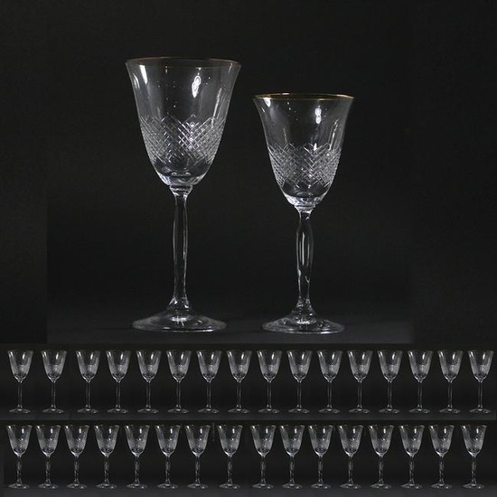 32 Pcs. Two Sets of 16 Diamond Quilted Cut Glass Wine