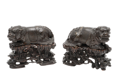3354870. PAIR OF CHINESE BRONZE DOGS OF FO & CARVED WOODEN STANDS.