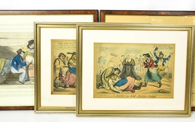 4 Antique British Satirical Hand Colored Etchings