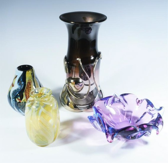 (4) Mark Russell Studio Art Glass Vase, Etc