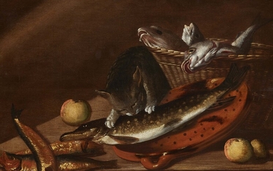 Johannes Kuveenis - Still Life with Fish and a Thieving Cat